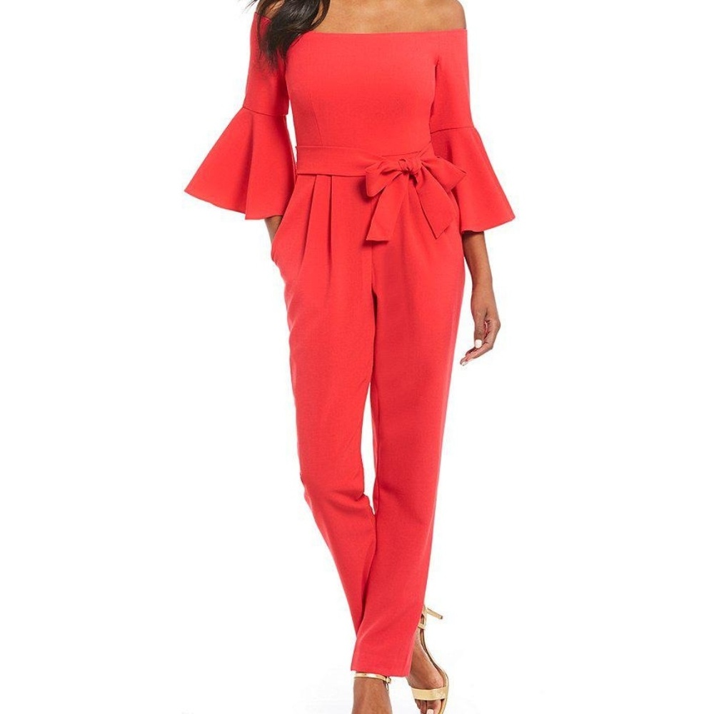 Eliza J Red Off-the-shoulder Tie Waist Jumpsuit